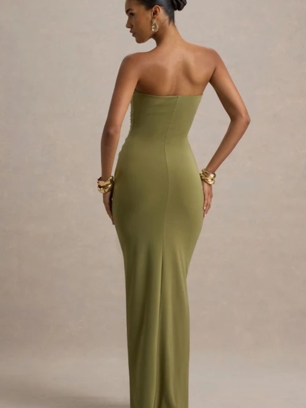 CLUB L London - ALI Olive Sweetheart Ruched Wrap Maxi Dress - Picture 2 of 5